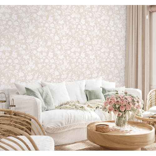 LiKiLiKi Peel and Stick Wall Paper Khaki and White Floral Wallpaper Modern Boho Self Adhesive Waterproof Removable Contact Paper for Living Room Bedroom Bathroom Cabines Kitchen Vinyl Roll 17.3"x118"