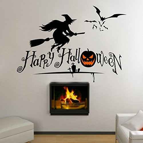 BooDecal Happy Halloween Wall Decals Stickers with Flying Witch and Bats Art Design for House Decorations Removable Halloween Series Wall Decals Stickers