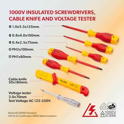 Tolsen 11-Piece VDE Insulated Set, 1000V Insulated Electrician Tool Set, with Insulated Phillips and Slotted Screwdrivers, Insulated Pliers, and Wire Stripper