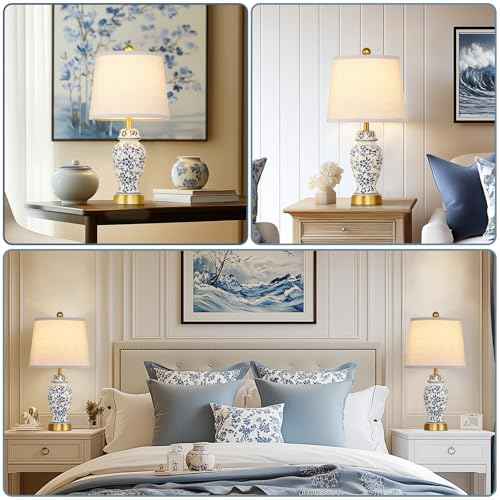 RORIANO Chinoiserie Ceramic Table Lamps Set of 2 for Living Room Bedroom Bedside, Traditional Blue Porcelain Classic Table Lamp for Nightstand Entryway, 2 LED Bulbs Included (Gold)