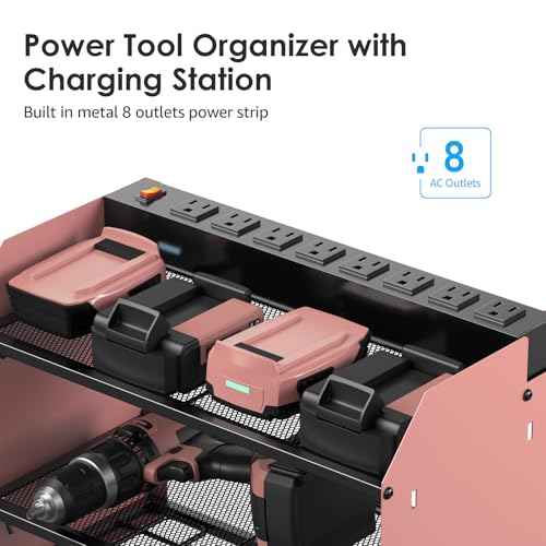 CCCEI Modular Power Tool Organizer Wall Mount with Charging Station. Garage Drill Storage Shelf with Hooks, Heavy Duty Rack, Tool Battery Holder Built in 8 Outlet. Gift for Men. Pink, 1 Pack.