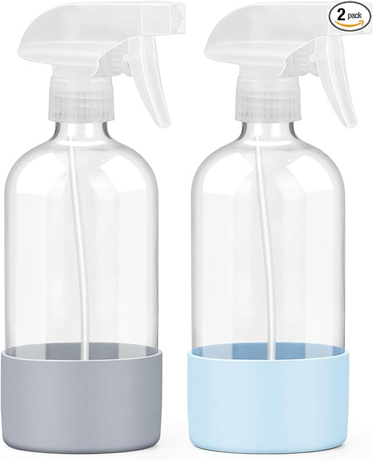 Worldgsb 2 Pack Glass Spray Bottles with Silicone Sleeve, 16 oz Empty Refillable Containers with Adjustable Spray Nozzles, Spray Bottles for Hair, Cleaning Solutions and Plants Blue&Grey