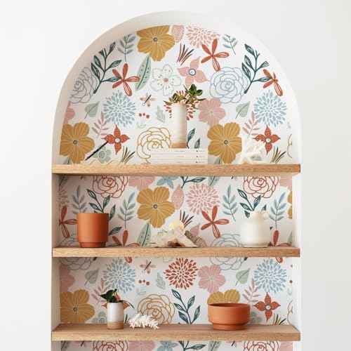 WENMER Floral Peel and Stick Wallpaper 17.71¡±¡¿118¡±Boho Floral Wallpaper Pink Floral Contact Paper Self Adhesive Removable Wallpaper for Bathroom Cabinet Decorative