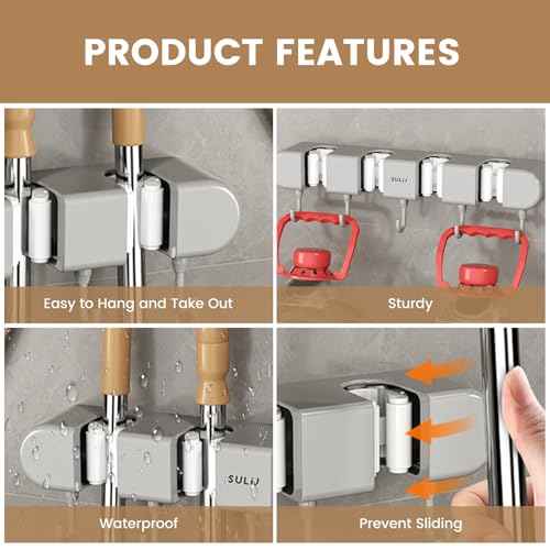 5PCS 4 Racks and 5 Hook Broom Mop Holder with Hooks Wall Mounted Broom Storage Rack No Drilling Self-Adhesive Mop Broom Organizer Mop Holder Hanger for Bathroom Office Kitchen Closet Garage