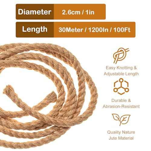 Thick Twisted Manila Ropes 1Inch¡¿100ft Natural Jute Rope Heavy Duty Hemp Rope for Swing Bed, Crafts, Railing, Tug of War, Landscaping, Gardening, Bundling, Hammock, Home Decorating