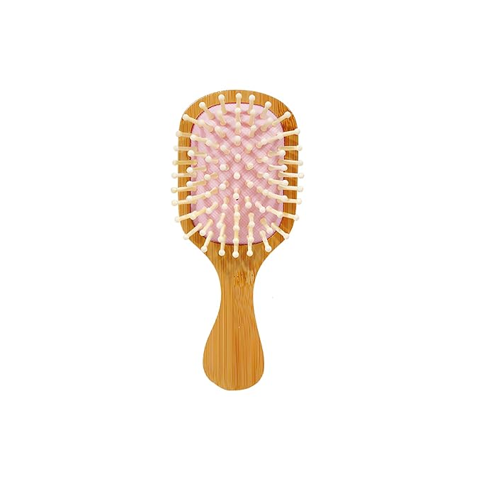 Pink Mini Bamboo Hair Brush – Portable Travel Hairbrush for Kids & Adults, Compact Scalp Massage Hair Brush, Anti-Static, Easy to Carry