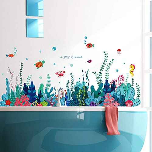 Removable 3D Under The Sea View Grass Wall Decal - DIY Ocean Coral Seaweed Stickers Murals - Peel and Stick Home Decor for Kids Bedroom, Bathroom, Girl Nursery Corner Decoration