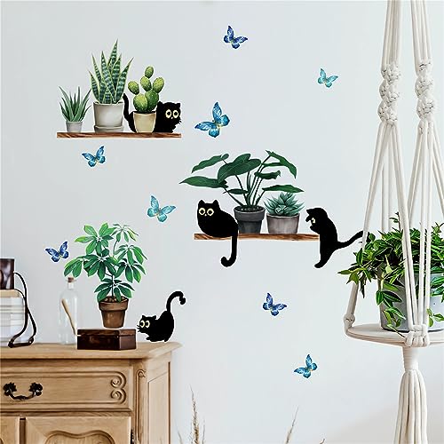 Green Potted Plant Cute Black Kitten Wall Stickers, sacinora Cat Cartoon Animal DIY Wall Decals Removable Vinyl Peel and Stick for Living Room Children's Room Bedroom Kitchen Decorations