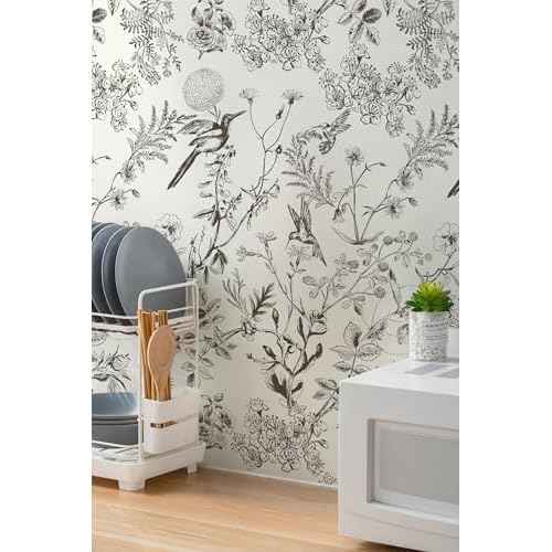 Safiyya Peel and Stick Wallpaper Floral Birds Contact Paper Black and White Wall Paper Peel and Stick Modern Boho Removable Self Adhesive Wallpaper Vinyl Rolls 118"x17.3"