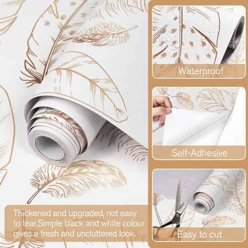 White Peel and Stick Wallpaper 17.7"x80" Feather Wallpaper Removable Modern Vinyl Wall Paper Waterproof Contact Paper for Bedroom Living Room