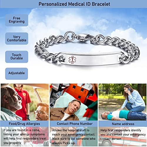 VNOX Medical Alert ID Bracelet - Mens Womens Stainless Steel ID Tag Medical Alert Emergency Bracelet,7.2/8/8.4 Inches