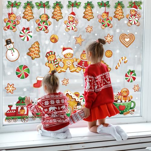 Christmas Wall Stickers Gingerbread Man House Xmas Tree Wall Stickers Peel and Stick Large Room Mural Decals for Winter Home Party Decoration, 8 Sheets