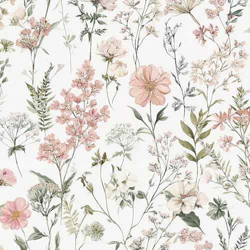Orainege Pink Floral Peel and Stick Wallpaper Removable Self Adhesive Wallpaper 16.9inx118.1in Modern Wall Paper for Bedroom Bathroom Green Leaf Contact Paper for Cabinets