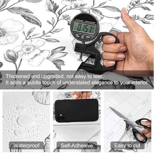 Hand Drawn Floral Contact Paper White and Black Peel and Stick Wallpaper 17.3"x120" Sketch Flower Waterproof Self Adhesive Removable Wall Paper for Countertop Furniture Bedroom