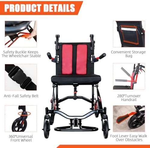 19 lbs Travel Wheelchair Lightweight Foldable – Aluminum Transport Wheelchair for Adults, Portable Manual Wheelchair, Ideal for Seniors & Travel