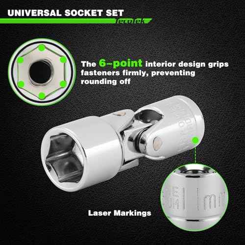 19-Piece 1/4-Inch Drive Universal Joint Socket Set, Swivel Socket Set, 6-Point, SAE (3/16" to 9/16") and Metric (5mm to 15mm), CR-V, Universal Flex Socket for Easier Access to Tight Spaces