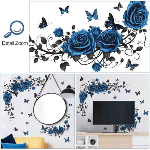 Removable Blue Floral Rose Wall Decor 3D Peel and Stick Flower Vine Black Plants Vines Leaf Wall Stickers Flying Butterfly Wall Decals for Kids Girls Baby Bedroom Nursery Living Room (Blue)