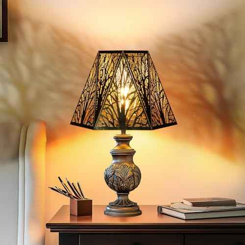 Etched Metal Lampshade, Hexagonal Lamp Shade with Antique Bronze Exterior&Gold-plated Interior, 7" Top x 13.8" Bottom x 9.5" Height, Spider Fitter