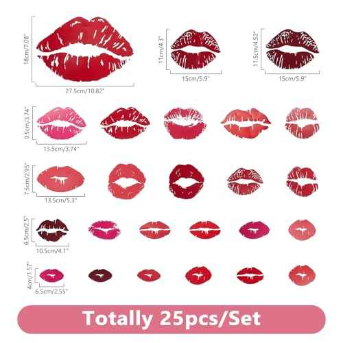 SUPERDANT Red Lips Wall Stickers 25PCS Large Size Kisses Stickers Self-Adhesive Vinyl Wall Art Decals Valentine's Day Trendy for Home Living Room Bedroom Girly Women's Teens Apartment Red Room Decor