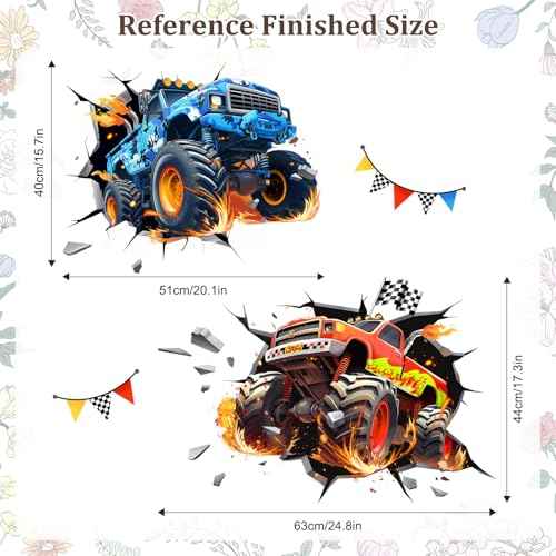 3D Crazy Racing Wall Decals, Truck Vehicles Wall Stickers Ball Games Peel and Stick Decal Self Adhesive Sticker for Boys Kids Room Home Decor