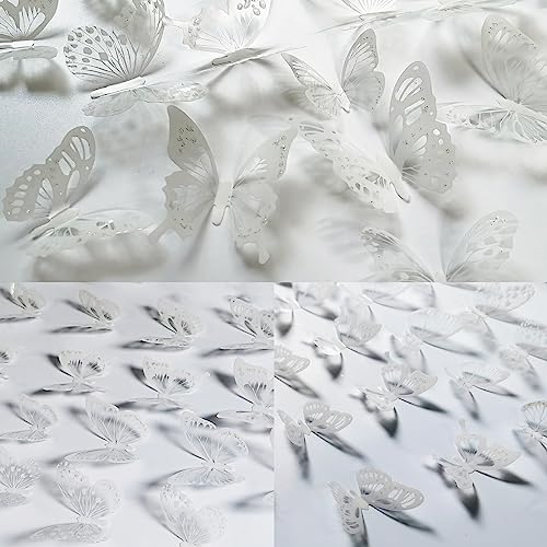 Ewong 54Pcs White 3D Butterfly Wall Decor - Butterfly Decoration Party Cake Decorative - Removable Waterproof Wall Decal Birthday Home Room Decor Bathroom Bedroom Sticker & Murals