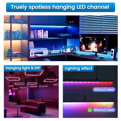 Muzata 10Pack 3.3FT/1M Spotless LED Channel with Hanging Wire No Hot Spots Silver Aluminum LED Strip Diffuser Channel with Milky White Cover U116 WW 1M