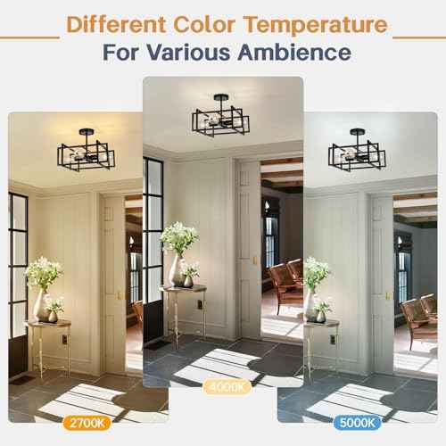 Industrial Semi Flush Mount Ceiling Light Fixture,4-Light Kichen Light Fixture Ceiling Mount,Farmhouse Chandelier,Modern Black Ceiling Light for Dining Room, Bedroom, Hallway