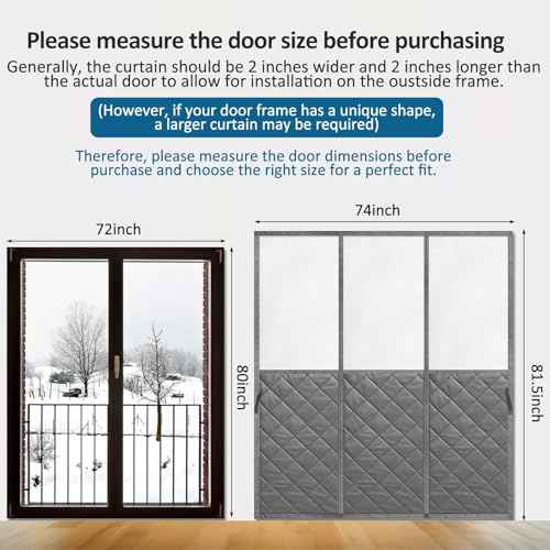 Magnetic Thermal Insulated Door Curtain with Visible Windows for 72" x 80" Doors, Thicken Made of Oxford and Cotton Insulated Curtain for Winter Sliding, Patio and French Doors