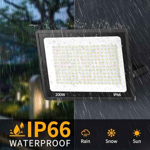 200W LED Flood Light Outdoor with 6ft Plug, 24000LM Brighter Exterior Security Lights, 5000K Daylight LED Work Light, IP66 Waterproof for Yard, Garage, Stadium, Lawn, 2 Pack