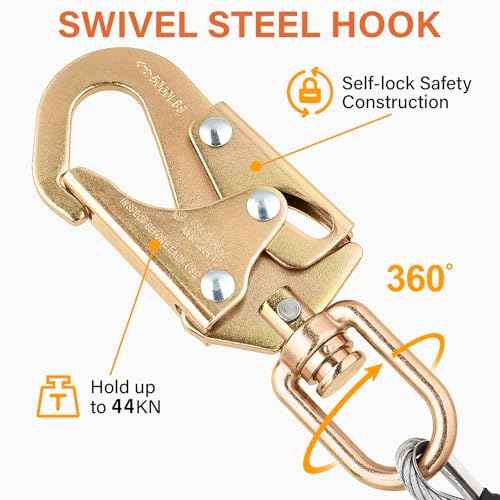 TRSMIMA Steel Wire Core Flipline - 8ft Fall Protection Arborist Climbing Tree Arborist 1/2" Galvanized Steel Cable Lanyard Kit with Swivel Snap Hook Triple Lock Carabiner Rope Grab Adjuster