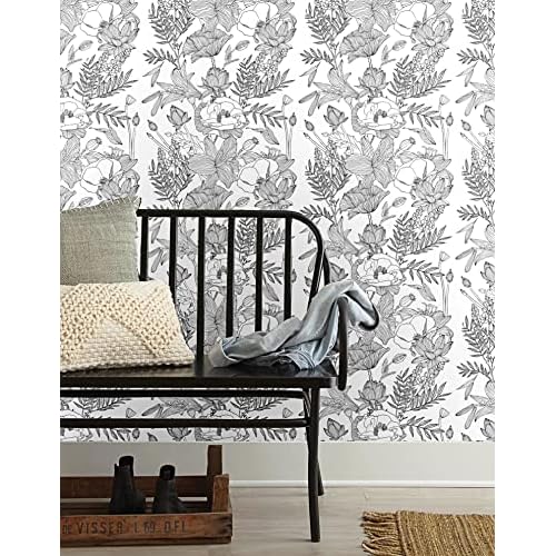 Blooming Wall Black White Elegant Modern Lotus Lily Leaf Peel and Stick Wallpaper Self-Adhesive Prepasted Wallpaper Wall Mural Wall Decor (17.7¡°x118¡±, Black/White)