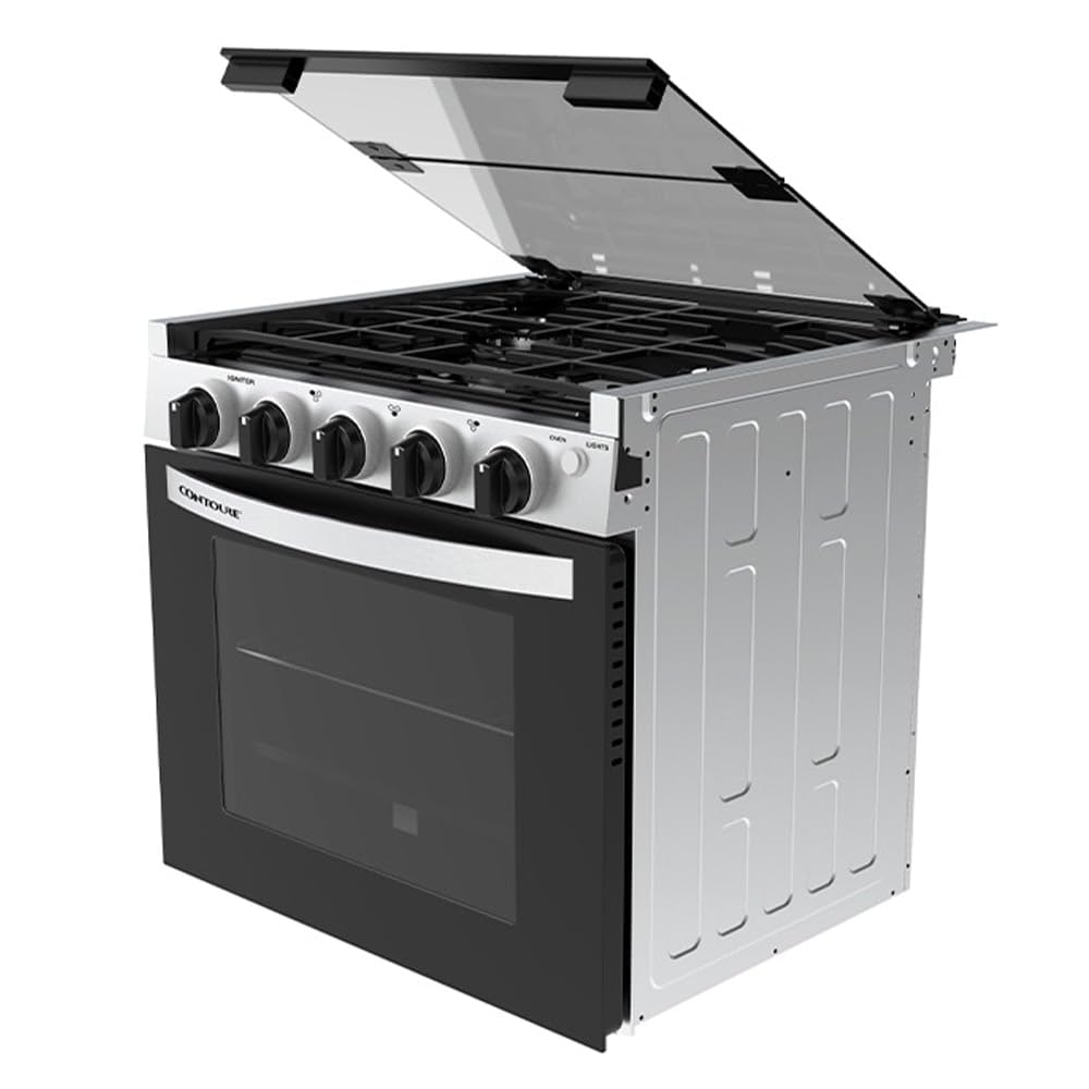 CONTOURE RV 3-Burner Drop-In Gas Range 21” – Propane-Powered RV Stove with Oven, Black with Stainless Steel Accents, LED Knobs, Easy-Clean Oven, CSA Certified, GR-21BTC