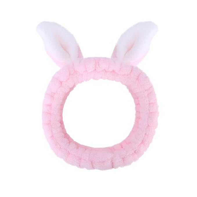Cute pink Rabbit Ears Headband Frog Eye Elastic to Wash Face for Women Makeup Shower Spa (1 Pack)
