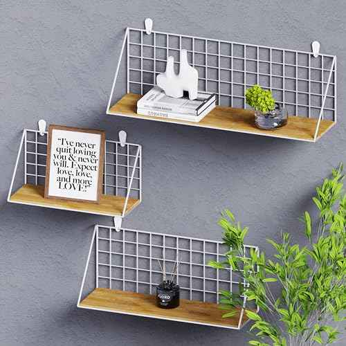 Combined Metal Shelf Wall-Mounted Storage Rack Utility,Hooks Wall Organizer Storage Display Tray Accessories for Craft Room Home Office Bathroom Kitchen (White, 3PCS Combinations(S+M+L))