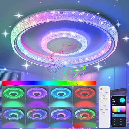 Bathroom Ceiling Light, Waterproof Shower Light with Bluetooth Speaker, Flush Mount Lighting Fixture Dimmable RGB Color Change, App+Remote Control Led Music Ceiling Lamp for Kids Room Bedroom