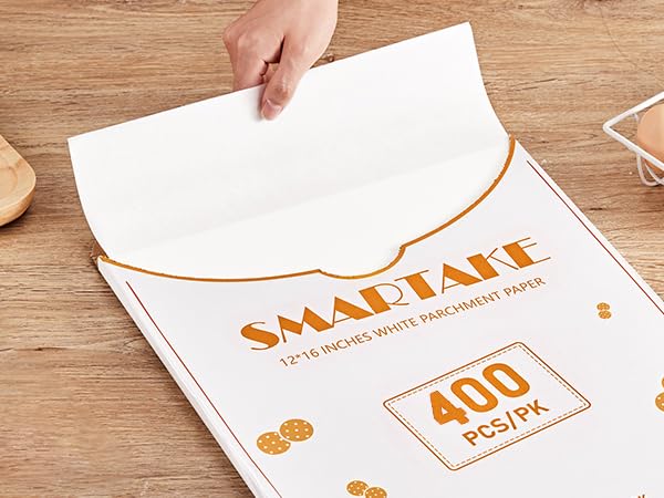 SMARTAKE 400PCS Parchment Paper Sheets, 12 x 16 IN Pre-Cut Baking Parchment, Non-Stick Kitchens Cookie Baking Paper, for Oven Grilling Air Fryer Steaming Bread Cake Cookie Meat Pizza (White)