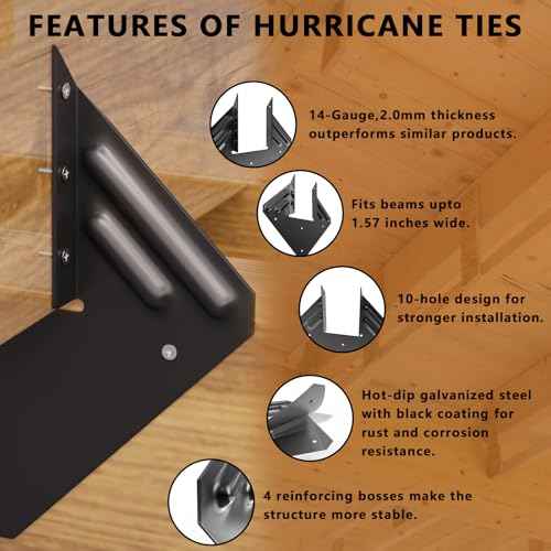 50pcs Hurricane Ties for Rafter, 14-Gauge Hurricane Straps Brackets Fit 2x4, 2x6 Truss to Rafter Connector, Hot Dip Galvanized Black Joist Hangers for Roofing Wood Timber, Hurricane Clips with Gloves