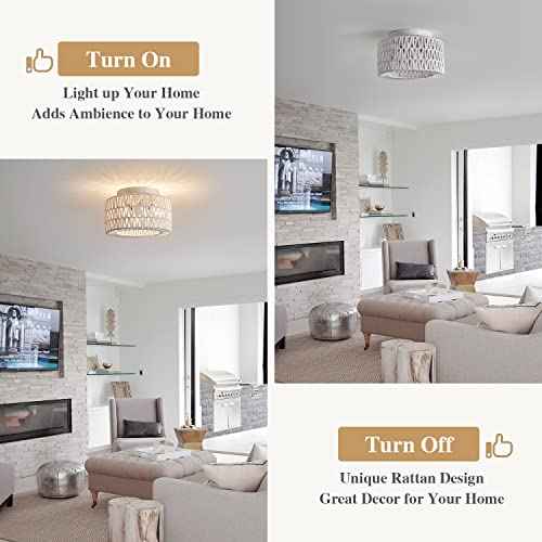 Rattan Light Fixtures Ceiling Mount, 3-Lights Boho Flush Mount Ceiling Light, Hand-Woven Cage Shade Lamp Lighting, Rustic Rattan Chandelier for Hallway Bedroom Kitchen Farmhouse Foyer Entryway (White)