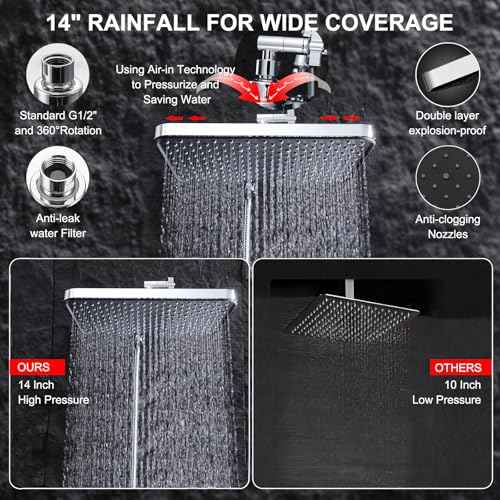 14''Rainfall Shower Head with Handheld-11Modes Hand held with Power Jets, Adjustable Rain Showerhead,Double Shower heads High Pressure,70"Hose&detachable Holder Upgrade for Tandem Bathroom