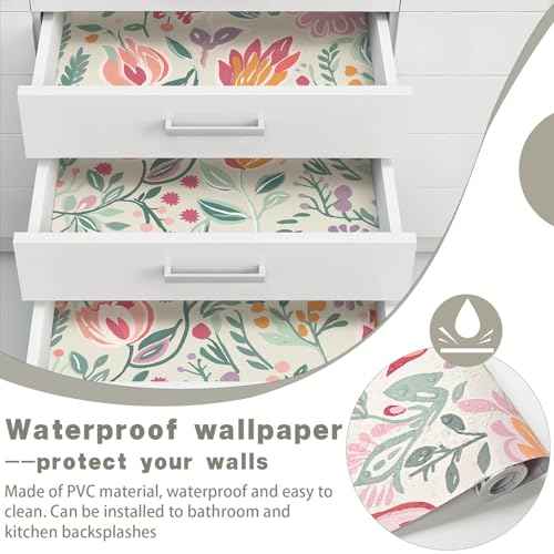 Colorful Peel and Stick Wallpaper Kids Cute Floral Contact Paper for Cabinets Self Adhesive Removable Contact Paper Fun Flower Garden Wallpaper for Bedroom Bathroom Waterproof 17.3inW 78.7inL