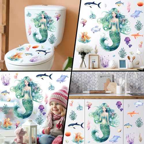 Mermaid Wall Decals Glow in The Dark Mermaid Wall Stickers Glow in The Dark Under The Sea Wall Decals for Kids Baby Bedroom Nursery Classroom Bathroom Mirror Decor