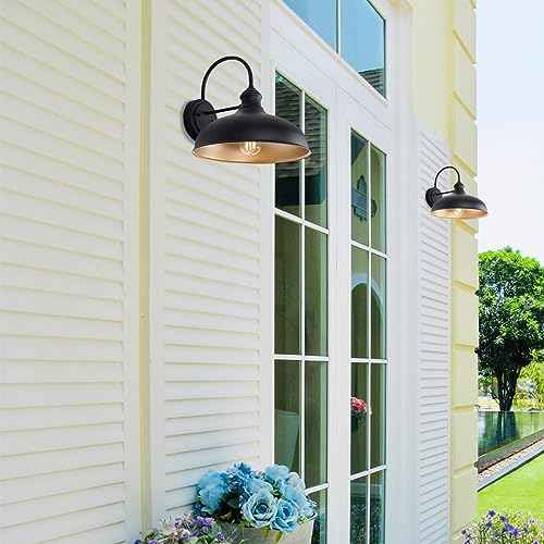 10" Dome Barn Lights for Farmhouse, Matte Black Gooseneck Outdoor Light Fixture, Exterior Porch Lighting with Wall Mount, Outside Goose Neck Wall Sconce for Patio