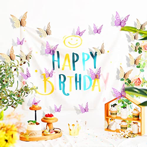 3D Purple Gold Butterfly Wall Stickers, 24 PCS 3 Sizes Butterfly Wall Decals, Removable Metallic Gold Wall Sticker Room Mural for Paper Art Party Cupcake Kids Bedroom Classroom Wedding Balloon Decors