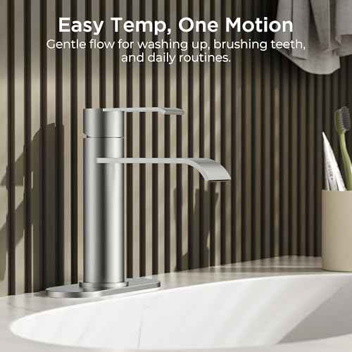 FORIOUS Brushed Nickel Bathroom Faucets, Modern Waterfall Bathroom for 1 or 3 Hole, Single Handle Faucets with Metal Pop Up Drain and 24" Supply Hoses
