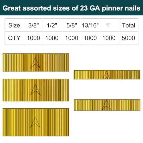 23 Gauge Pin Nails Headless Pinner Nails for 23 GA Pneumatic & Electric Pinners or Pin Nailer or Pin Nail Gun, Great for Fine Woodworking & Trim Jobs (3/8"+1/2"+5/8"+13/16"+1"-5000PCS)