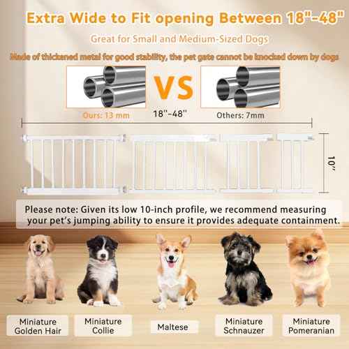 10" Height Short Dog Gate Adjustable18-48" Extra Wide Dog Gate with Small Cat Door,Pet Gate with 4 Extension Kits Pressure Mounted for Doorways & Stairs (White, 10" Height)