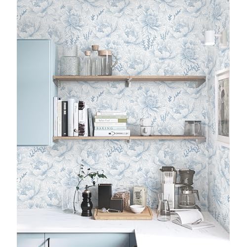 Guvana Peel and Stick Wallpaper Blue Floral Contact Paper Boho Wallpaper Modern Large Blue Flower Wall Paper for Bathroom Bedroom Living Room Accent Wall Removable Waterproof Vinyl Rolls 17.3in¡¿78.7in