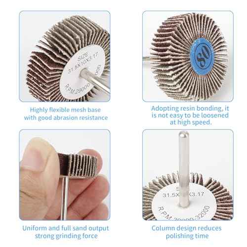 20 Pcs Dremel Flap Wheel Sandpaper - 80 Grit, 1/8" Shank for Drill, Grinder, Rotary Tool