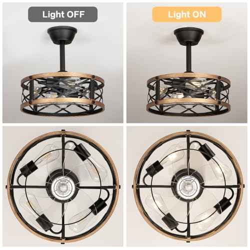 16.5" Farmhouse Caged Fandelier Ceiling Fan with Light, Rustic Bladeless Small Ceiling Fans with Lights and Remote, Modern Enclosed Ceiling Fan with Light for Kitchen, Bedroom, Small Room