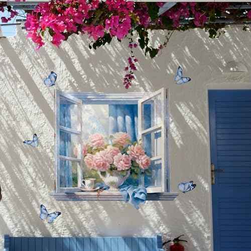 Fake Window Wall Decals - Peel and Stick Flower & Butterflies Vinyl Wall Sticker Murals for Living Room Bedroom Office Wall Decor 20.47"x22.44"
